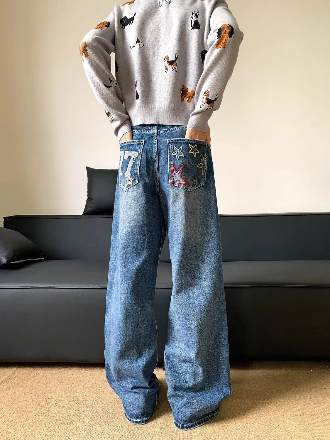 Women's Loose Straight Leg High Street American Style Jeans Wide Leg Trousers with Patch Design Couple Trendy Brand