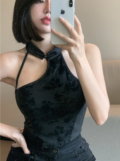 New Chinese Style Irregular Camis Women Autumn Elegant Temper Ink Print Sexy Halter Backless Fashion Party Romantic Crop Tops