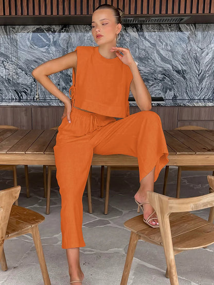Spring Summer 2025 Women Holiday Linen Pant Set Crop Tops Solid Outfits 2 Two Piece Matching Set For Women
