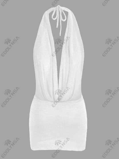 Silk Backless Mini Dress - Slim Fit Summer Vacation Dress With Deep V Neck & Spaghetti Straps