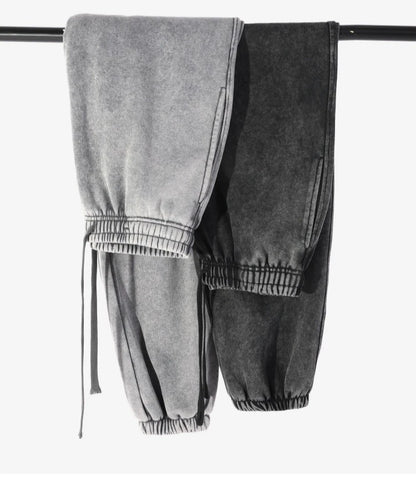 350g Water-Washed Distressed Loose Fit Casual Sweatpants with Ankle Ties - Retro American Style for Autumn/Spring