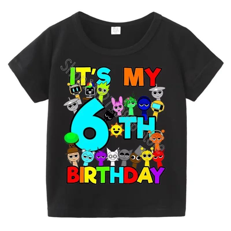 Kids Birthday Cute Cartoon Characters Graphic T-Shirt, Soft Cotton Crew Neck Tee, Casual Party Wear for Boys & Girlsdf0019