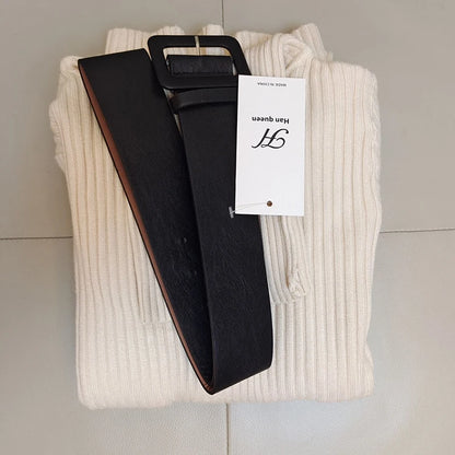 Knitted Turtleneck Bodycon Dress - Soft Elastic Midi Party Dress with Belt for Women