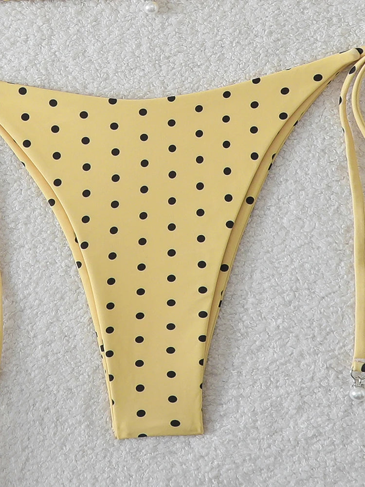 Micro Bikinis Set - Women's Swimwear Dot Print Halter Neck Lace Up Bikini