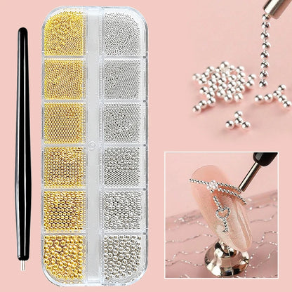 Mini Caviar Beads Nail Art Set - GoldSilver Micro Ball Charms with Magnetic Pen
