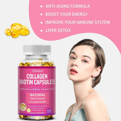 Collagen Biotin Supplement - Hyaluronic Acid Biotin Vitamin C E - Hair Skin Nails Joint Support and Energy Boost Vegan Capsules