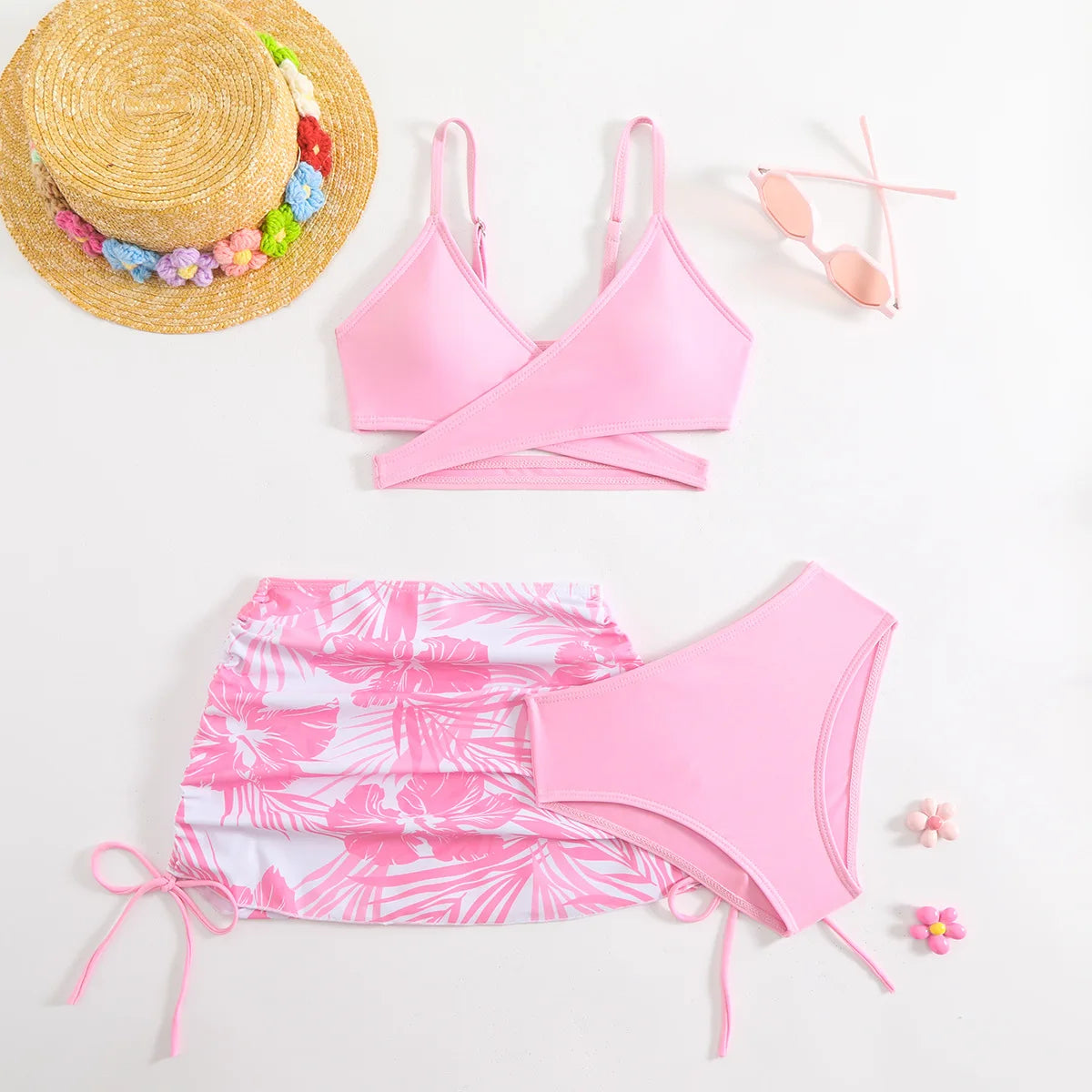 3pcs Swimming Suit for Girls Summer Beach Dress Swimsuit Tie-dye Printed Skirted Bikini Set Kids Bathing Suit