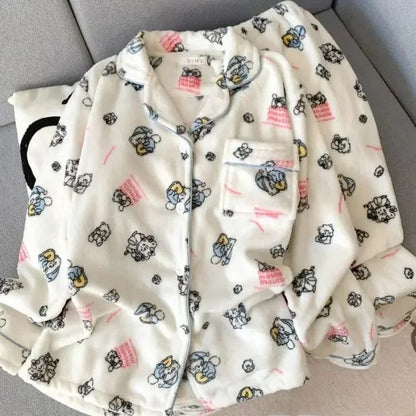 Plus Size Fluffy Winter Pajamas Women's Home Clothes Set Thickened Warmth Sleepwear with Running Dogs Design Cozy Indoor Suit