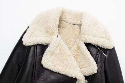 Faux Leather Jacket - Women's Winter Coat With Zipper Front & Turn-Down Collar
