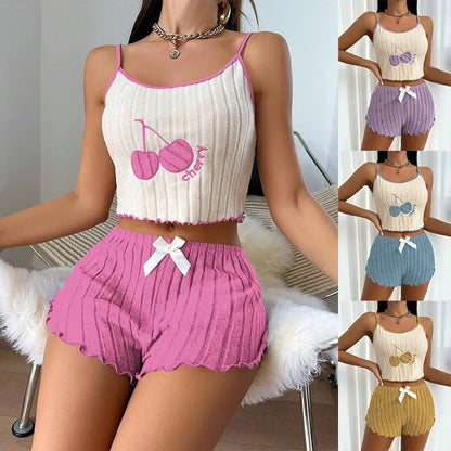 Womens Summer Brushed Pajama Set Cute Y2K Embroidered Cherry Ribbed Cami Top Ruffle Shorts Two Piece Loungewear Sleepwear