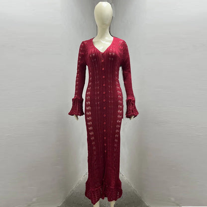 Deep V Neck Long Cardigan Dress - Elegant Hollow Knit Cover Up for Women