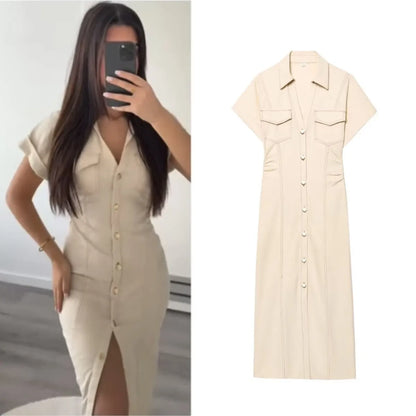 Denim Midi Dress – Slim Waist Ankle Length With Lapel Collar & Side Zipper