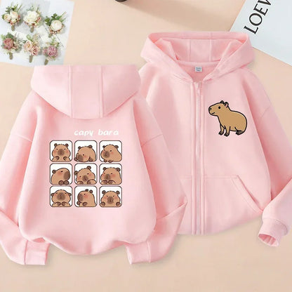 Kawaii Capybara Zip Up Hoodie - Childrens Manga Sweatshirt for Kids - ZOOMNSTORE