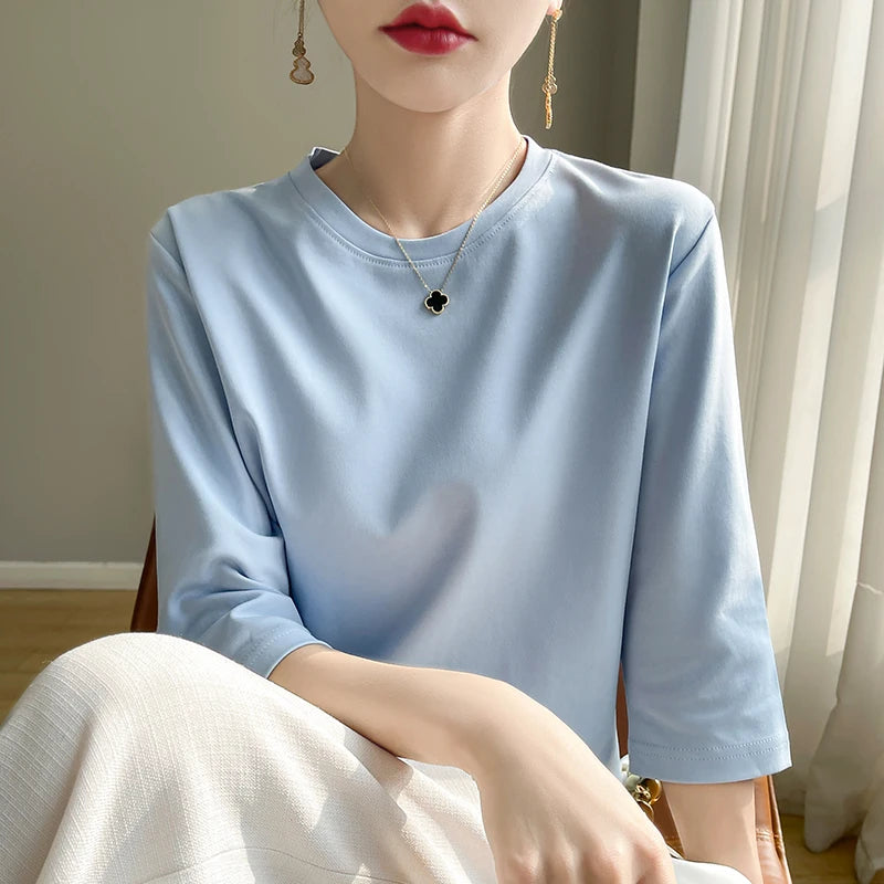 Summer Cotton Short-Sleeved T-Shirt Women's Round Neck Seven-Point Sleeves Loose Mercerized Cotton Half-Sleeve Shirt New T-shirt