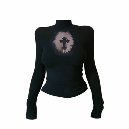 Turtleneck Top Y2k Clothes Black Gothic Cross Hollow Slimming Bottom TShirt Women Long Sleeve Sexy T-shirt Girls Tops Subculture