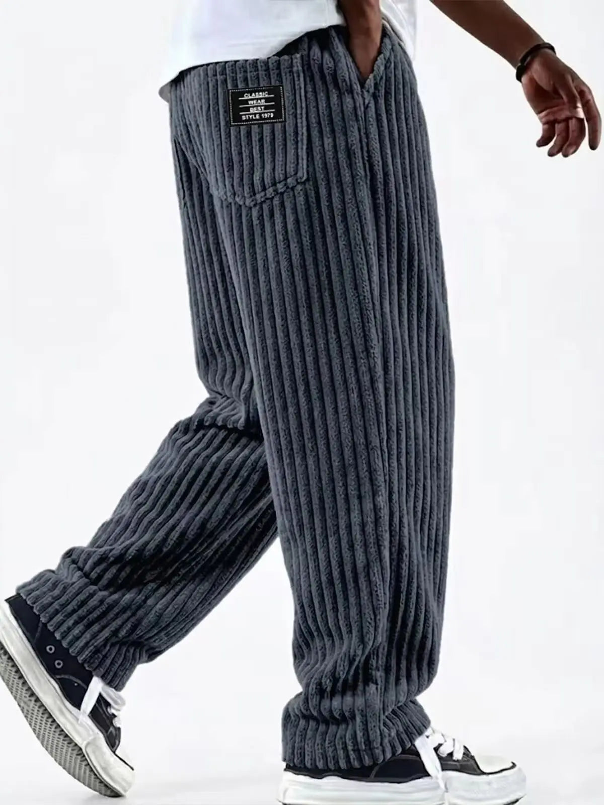 Winter Thick Warm Corduroy Sweatpants Men Fleece Liner Drawstring Straight Loose Track Pants Male Casual Fleece Thermal Trousers