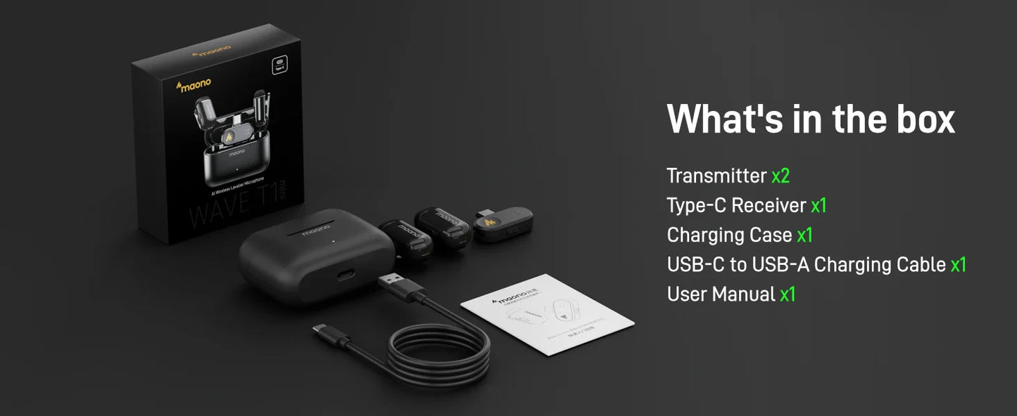 MAONO T1 Mini Wireless Lavalier Microphone for Phone AI Noise Cancelling Auto Clipping App Control Mic for Audio Video Recording