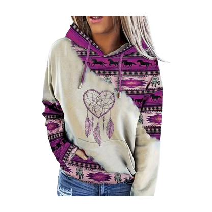 Women's casual fashion round neck pullover hoodie Western ethnic style retro print women's top hoodie