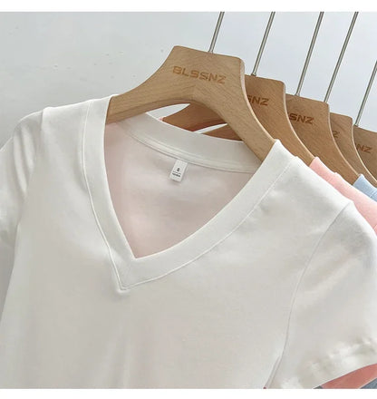 Summer Sexy V-neck Slim T Shirt Women Cotton Basic Solid Crop Tops Female Casual Tops Short Sleeve T-shirts 2026