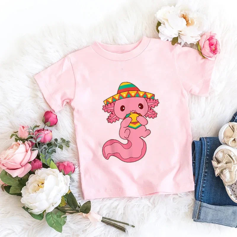 Axolotl Kawaii T Shirt Kid Summer Fashion T Shirt Children Streetwear Boba Axolotl Anime Casual Child Clothing Bithday Tshirts