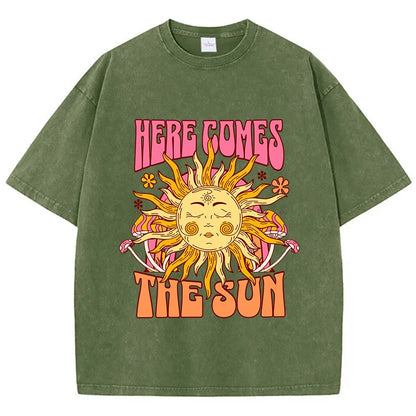 Oversize Women's Washed T-Shirt Cotton Here Comes The Sun Prints T Shirts Casual O-Neck Short Sleeve Tops Loose Women's Clothes
