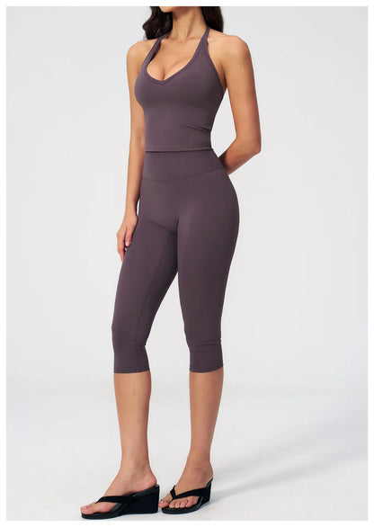 Women Tracksuit Yoga Set 2PCS Sports Set Short Sleeve Fitness Outfits Workout Clothes Running Capri Pants Gym Suit Athletic Wear