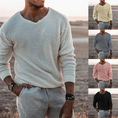 European and American Fashion Men's Knitted Sweater Casual Loose Sweater V-neck Long Sleeved Pullover Sweater Plus Size Jacket