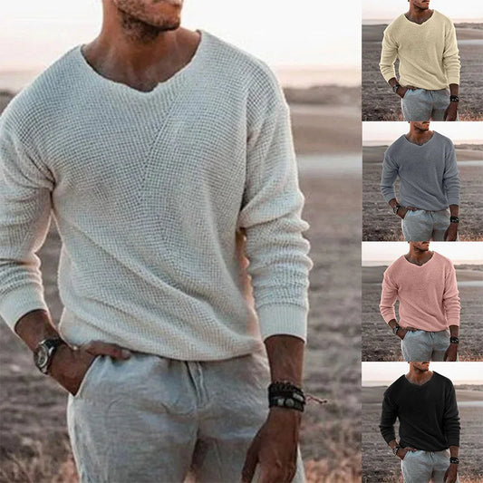 European and American Fashion Men's Knitted Sweater Casual Loose Sweater V-neck Long Sleeved Pullover Sweater Plus Size Jacket