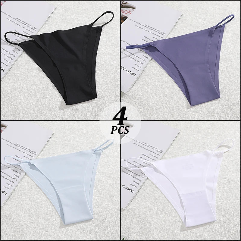 4PCS/Set Seamless Thin Strap Thong Underwear Women Low Rise Briefs Ice Silk Comfortable Panties Multi Color No Trace Lingerie