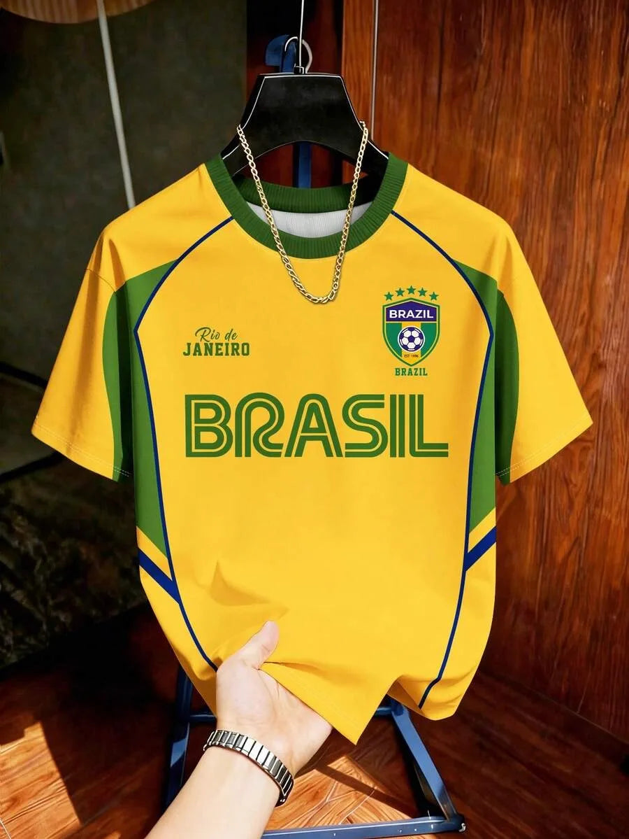 2026 Kids Brazil Football T-Shirt Soccer Jersey Stripe Retro Print Breathable Quick Dry Training Tee Fan Sport Tops For Men Women