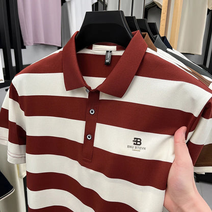 Men's Golf Polo Shirt with Collar, Short Sleeves and Wide Stripes – Breathable Summer Casual Business T-shirt