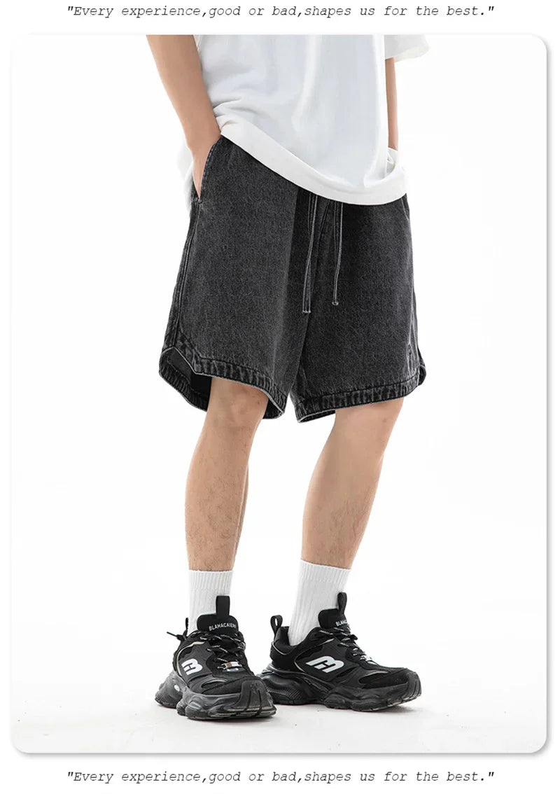 Baggy Denim Shorts - Men's Summer Casual Streetwear With Embroidery & Elastic Waist