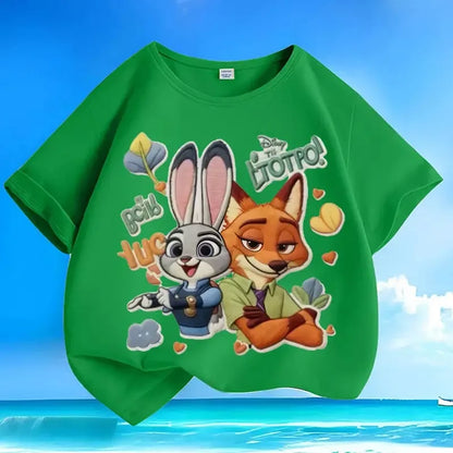 New loose pure cotton t-shirt with Disney Zootopia print, versatile, casual, summer, short-sleeved, with round neck,for children