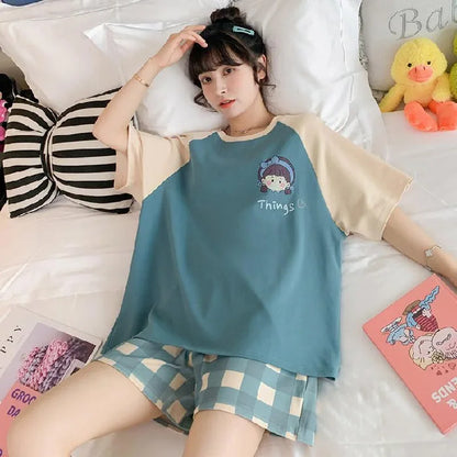 Sweet Cute Nightwear Women Thin Short Sleeve Cartoon Bear Pajamas O-Neck Pullover Student Sleepwear Loungewear Set Korean
