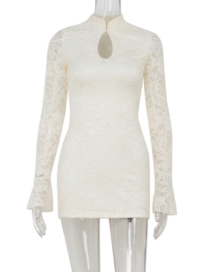 Sexy Lace Mini Dress - Women's Sheath Bodycon Above Knee Dress With Long Flare Sleeves