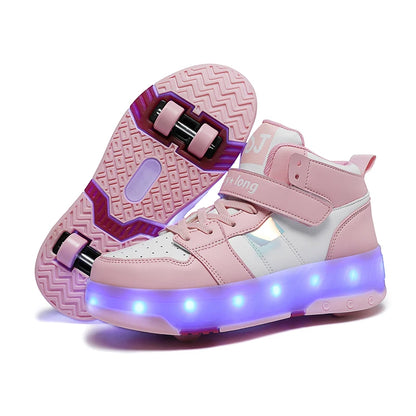 Girls Roller Skate Shoes - Pink Lighted Skates With Hook And Loop Closure