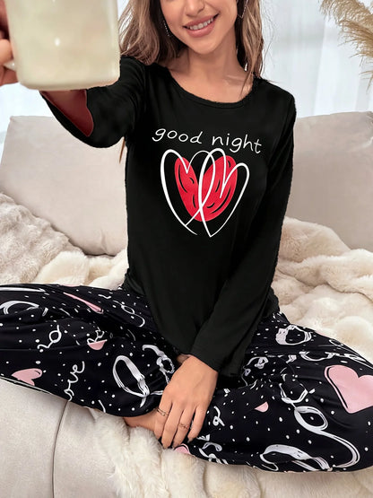 Spring Summer Autumn Winter Women's Round-neck Pullover with Heart Pattern Long-Sleeved Pants for Casual Homewear Set of 2 Piece