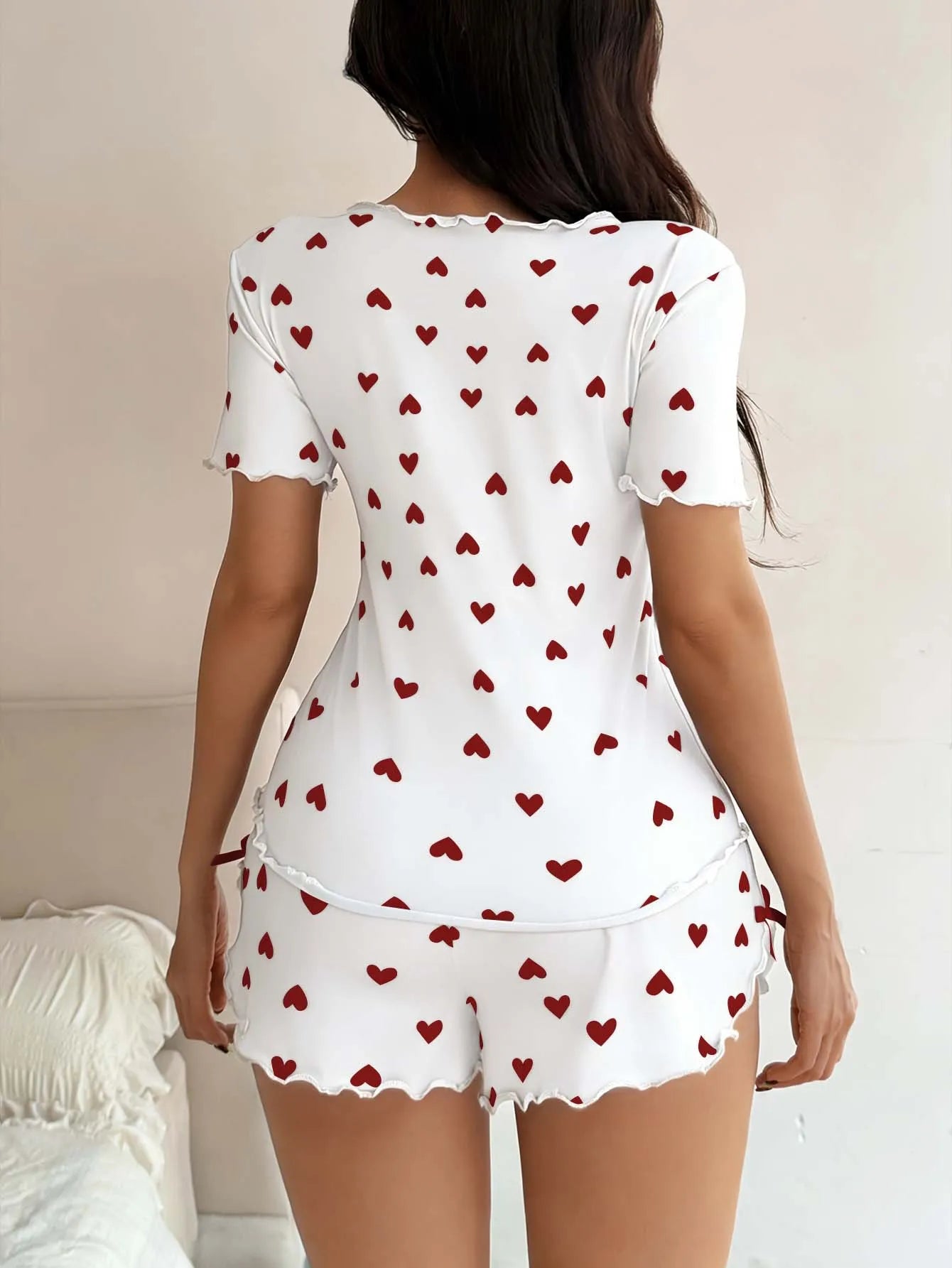 New Summer Women's Pajamas with Love Printed Collar, Short Sleeve Bow, Slim Fit, Comfortable and Soft Women's Home Clothes