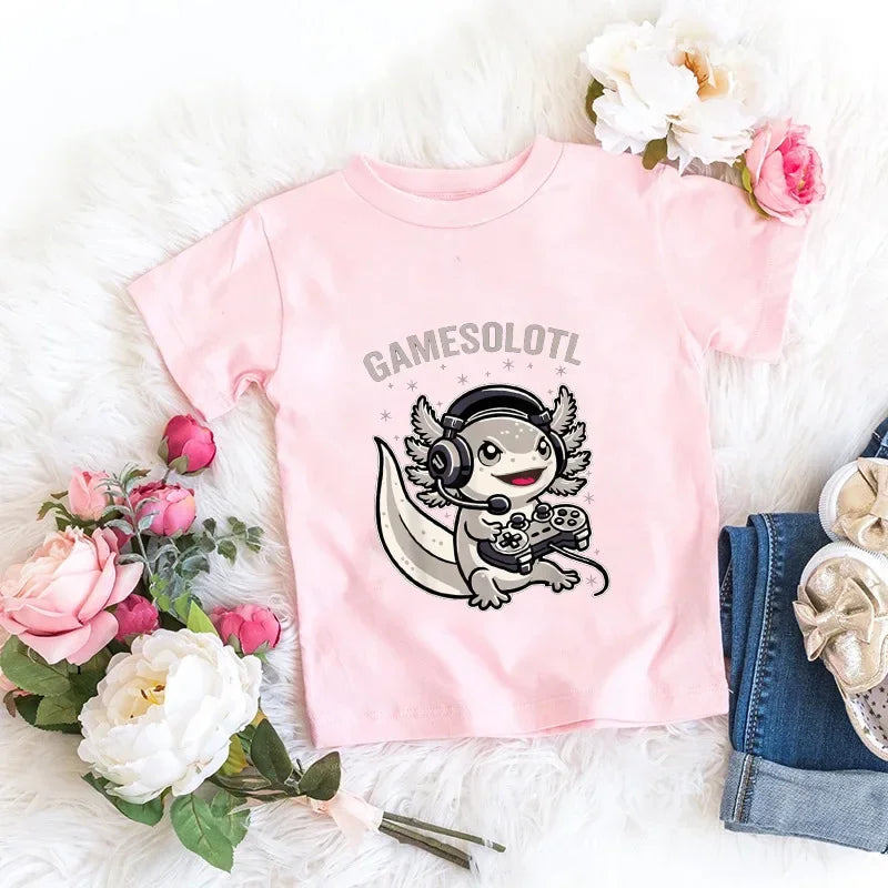 Axolotl Kawaii T Shirt Kid Summer Fashion T Shirt Children Streetwear Boba Axolotl Anime Casual Child Clothing Bithday Tshirts
