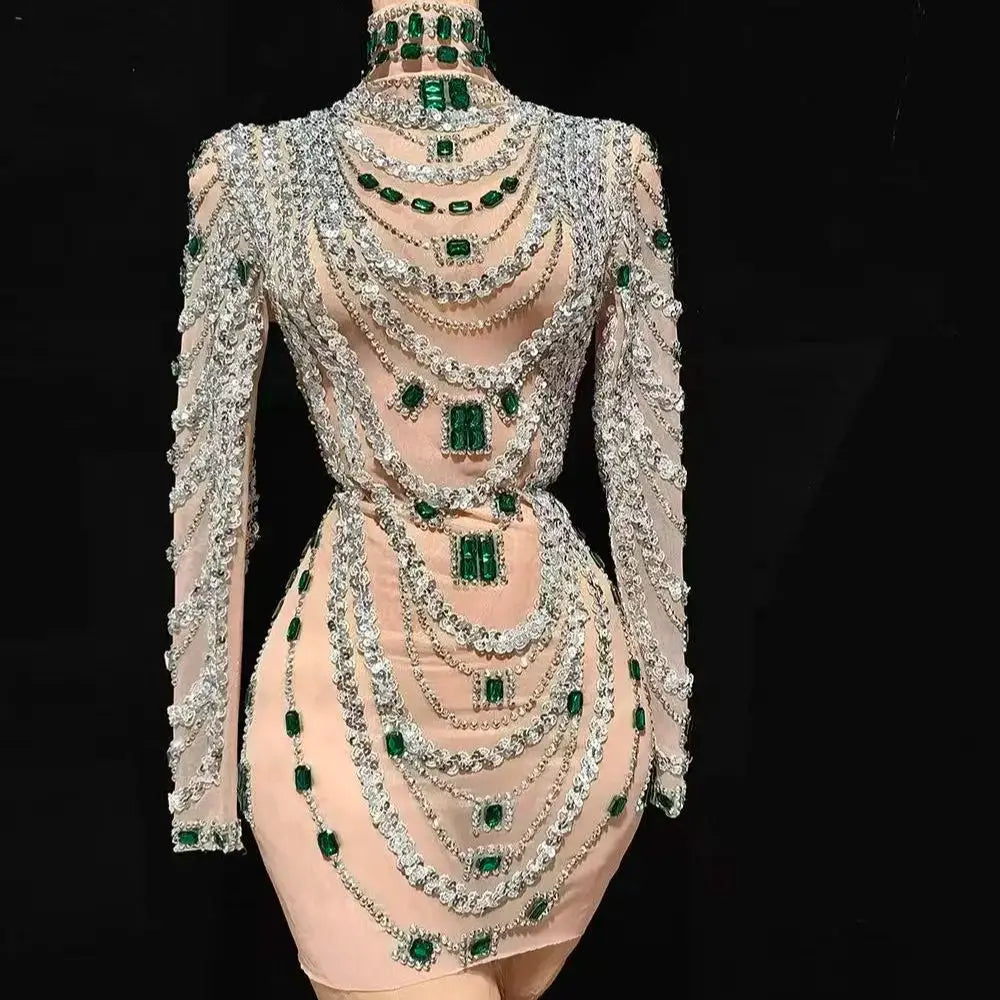 Luxurious Mini Dress Women Transparent Rhinestones Bodycon Singer Bar Club Shiny Short Dress Celebrity Party Evening Stage Costu