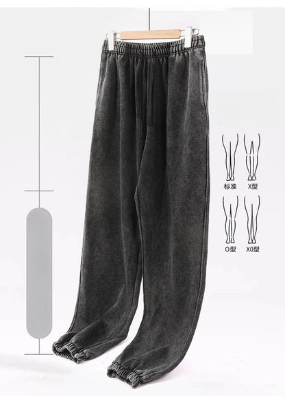 350g Water-Washed Distressed Loose Fit Casual Sweatpants with Ankle Ties - Retro American Style for Autumn/Spring