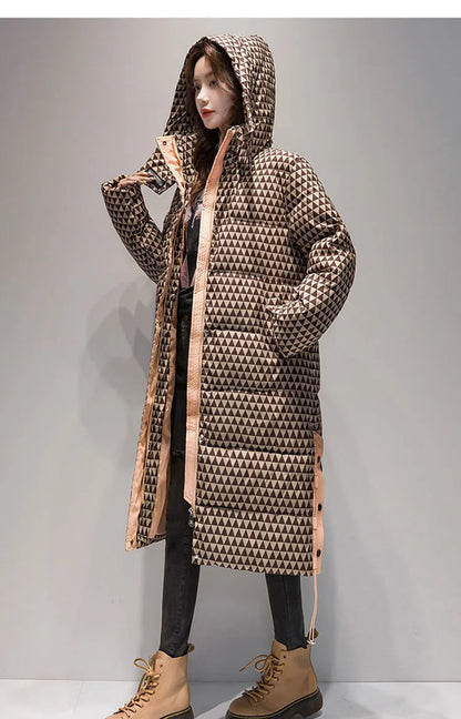 2023 Winter Warm  Plaid Long  Coat Women ' s Fashion Thicken Hooded Puffer Jacket Female Windproof Warm Outwear