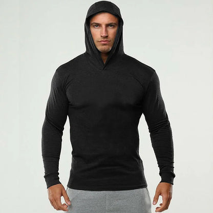 Solid Color Gym Clothing Long Sleeve Slim Fit Hooded T-Shirt Cotton Breathable Hoodie Mens Bodybuilding Fitness Muscle Sportwear