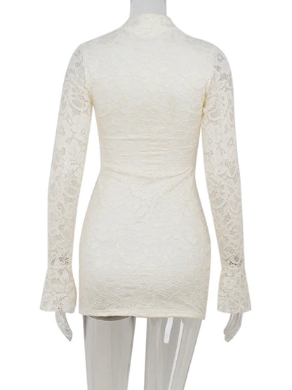 Sexy Lace Mini Dress - Women's Sheath Bodycon Above Knee Dress With Long Flare Sleeves
