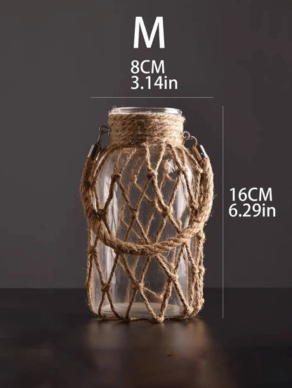Hand Woven Hemp Rope Glass Vase - Boho Nordic Dry Flower Decor