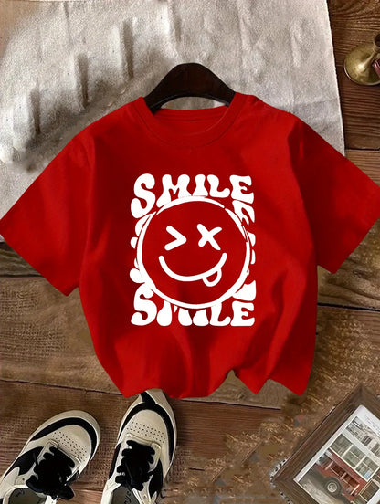 New 2026 Summer 100% Cotton Girls Round Neck T-Shirt, Cute Letter Smiley Print Breathable Casual Short Sleeve Tops