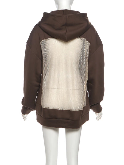 Sisterlinda Hooded Harajuku Sweatshirt Women Autumn Trend Backless ShinyThrea Mesh Patchwork Casual Street Hipster Pulloverr