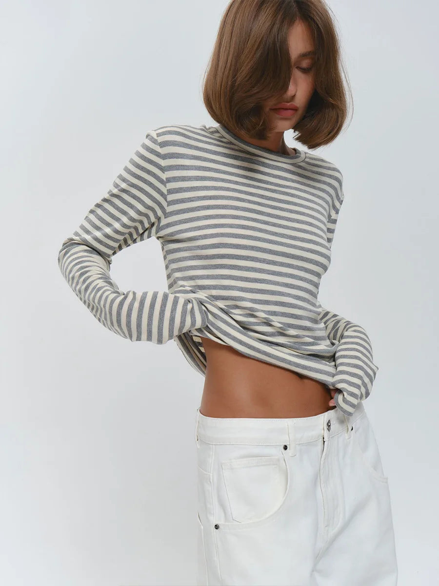 Bornladies Autumn New Fashion Women Cotton Striped Long Sleeve T Shirt Office Casual Simple Round Neck Pullover Tops & Tees