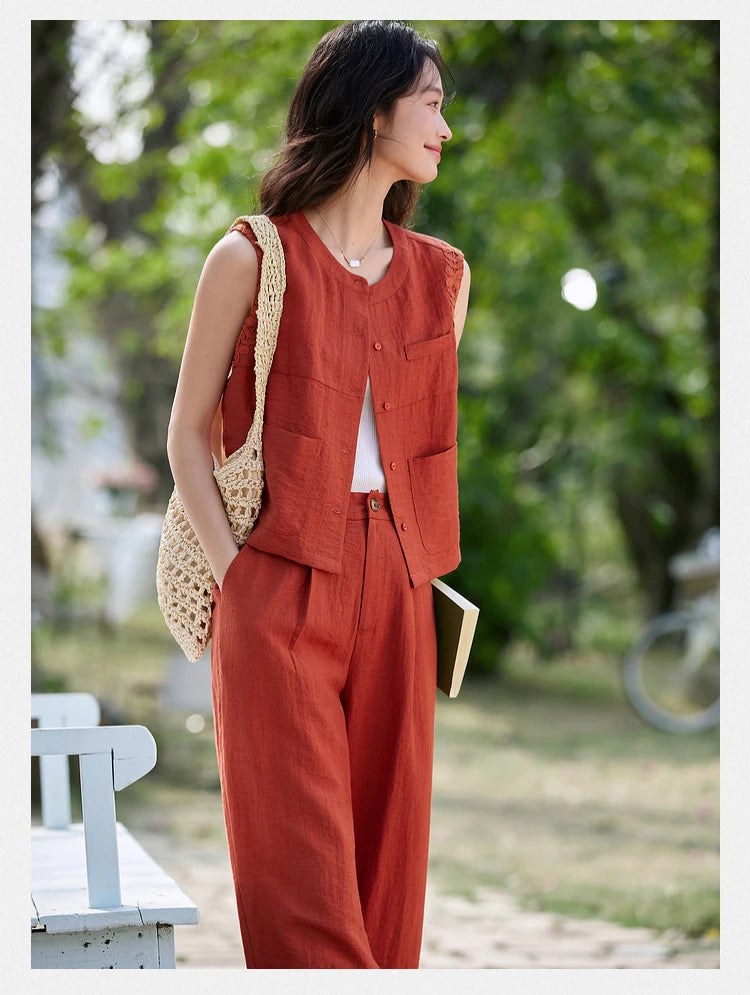 VIMLY Linen Blend Pant Set Two Piece Old Money Style Woman Summer Outfits 2026 Sleeveless Vest Wide Legs Pants Lady Suit A0820