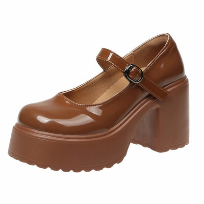 Black Chunky Platform Pumps - Mary Jane Shoes With Square Heel & Ankle Buckle